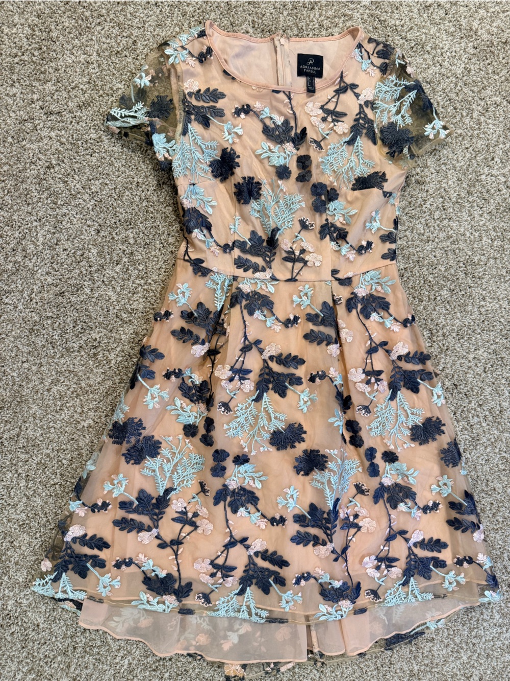 Embroidered Floral Mesh Midi Dress in Blush